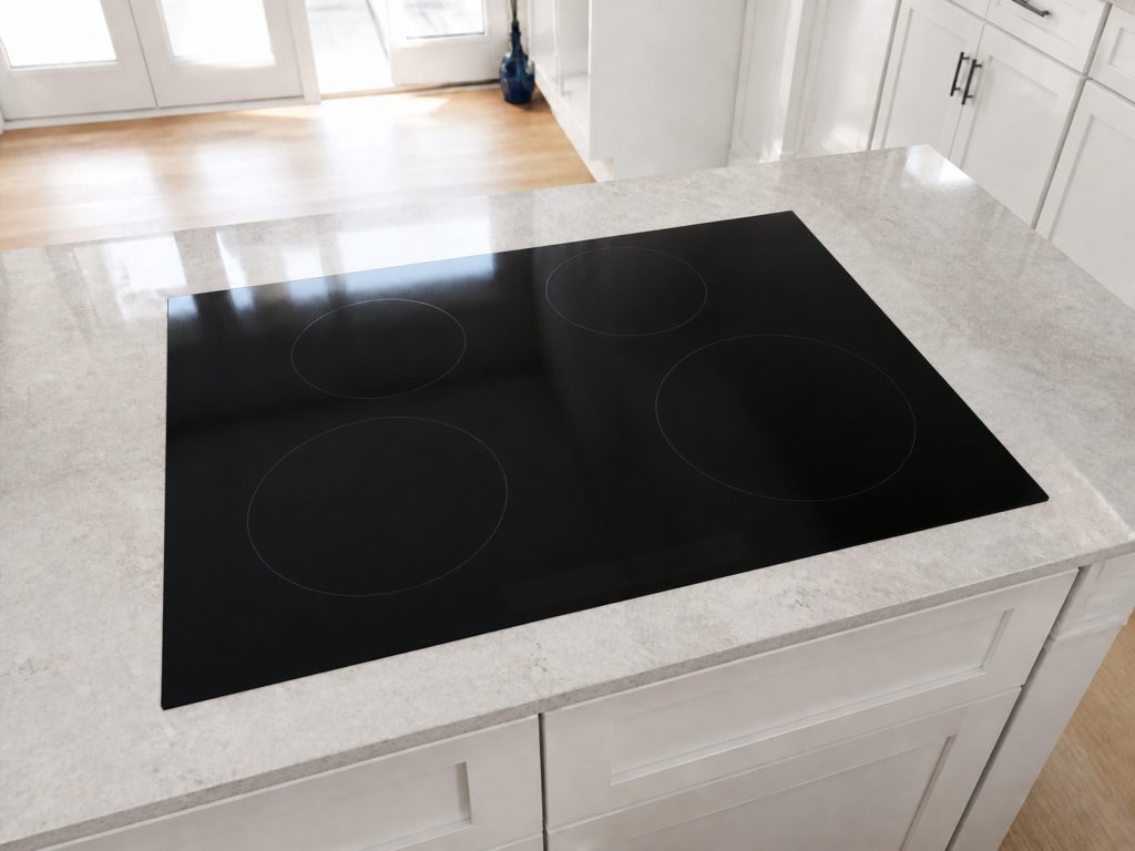A black ceramic glass cooktop set flush into a pale grey stone counter, seen from above at a slight angle, four unmarked circular heating zones, touch area with no legible symbols, no badge and no lettering.