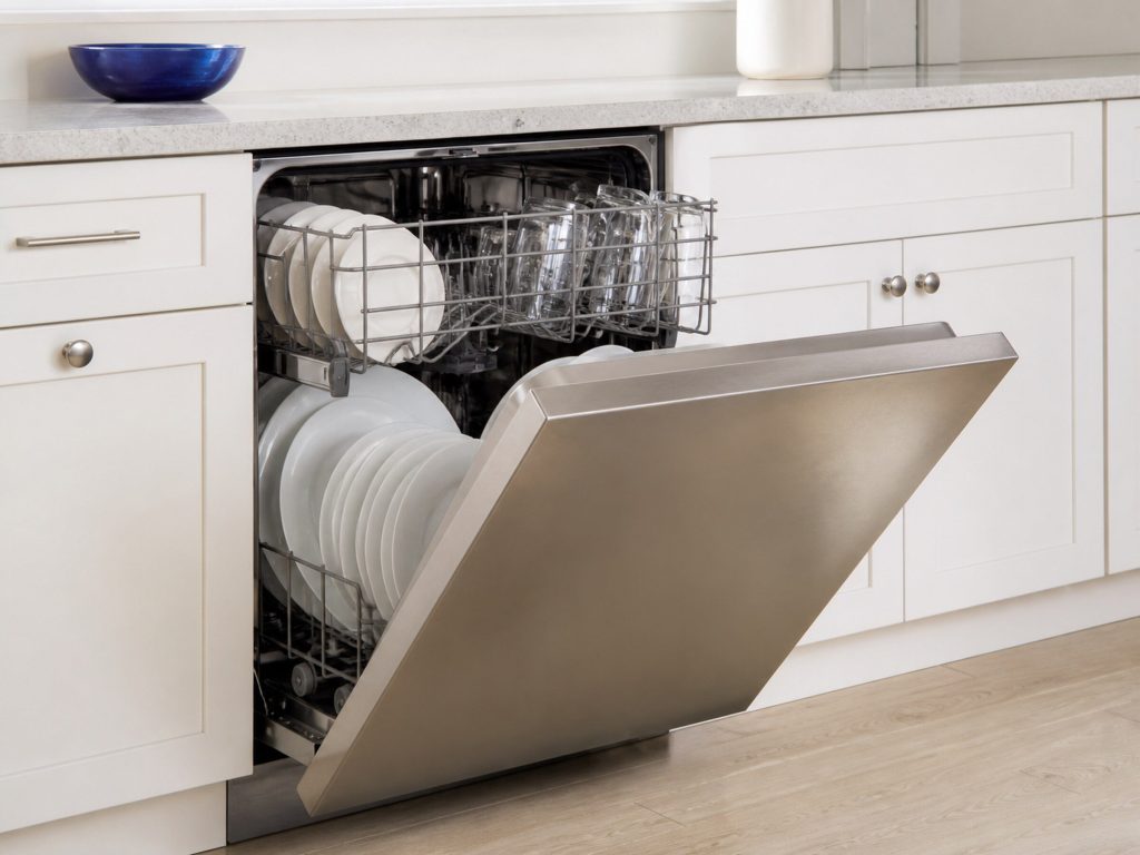 A stainless dishwasher standing open in a white kitchen with both racks loaded with clean plates and glasses