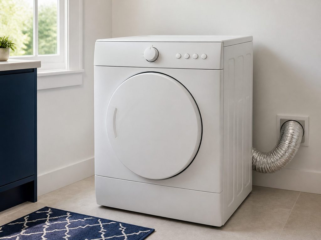 A white front-loading clothes dryer in a bright American laundry room, door closed, with a full control panel across the top of the machine — a round cycle selector dial and a row of push buttons, all of them blank and unlabeled — and a flexible metal vent duct behind it going into the wall.