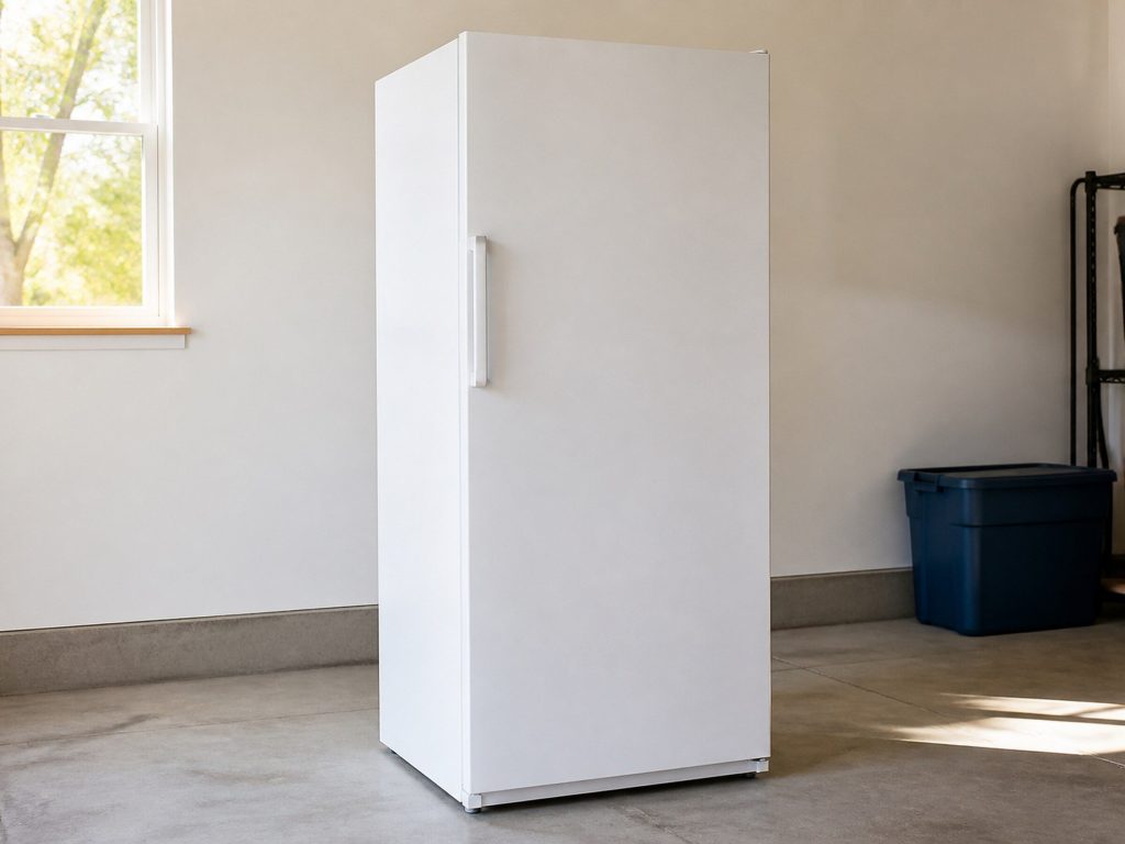 A white upright freezer standing alone against a wall in a clean garage