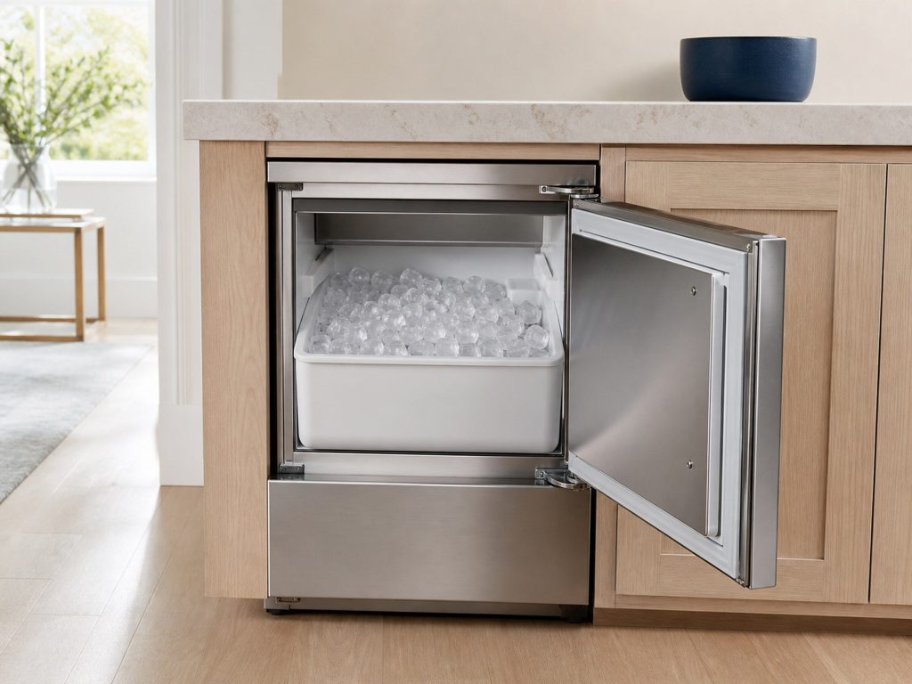 An undercounter ice maker built into pale oak cabinetry with its door open on a full bin of clear ice