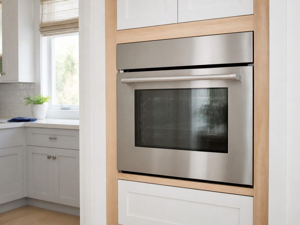 A stainless steel built-in single wall oven set into white kitchen cabinetry at chest height, door closed, plain handle, plain fascia with no legible markings, no badge and no lettering.