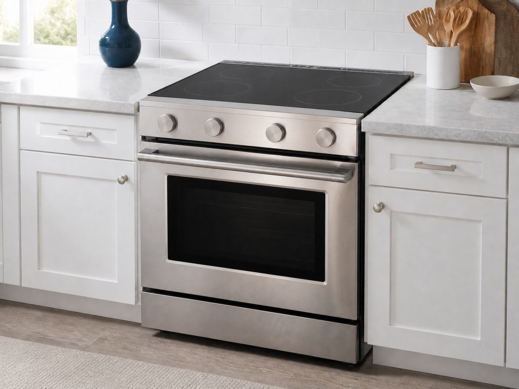 A freestanding stainless range with a smooth black ceramic cooktop, set between white cabinets