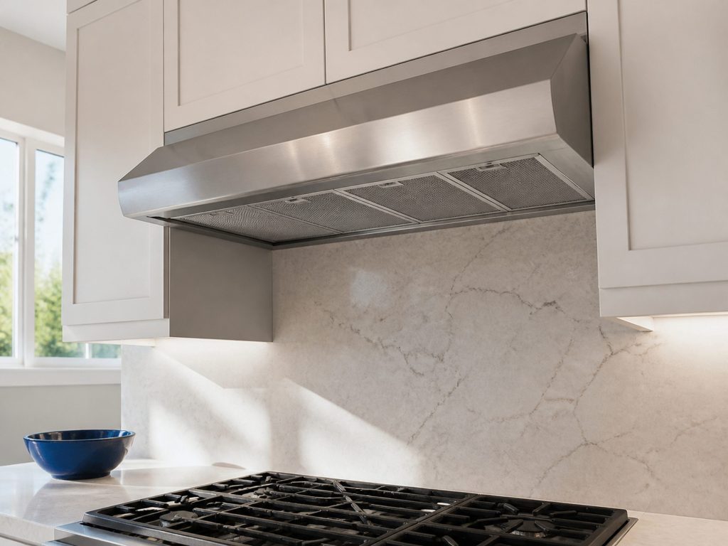 A stainless steel under-cabinet range hood mounted above a cooktop in a bright white American kitchen, its underside and mesh grease filters visible, plain unmarked control strip, no badge and no lettering.