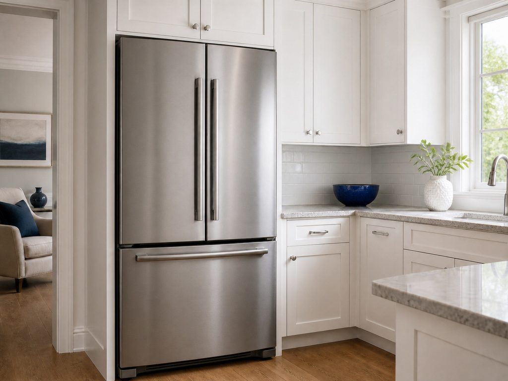 A stainless French door refrigerator standing in a white American kitchen, both doors closed and the freezer drawer below
