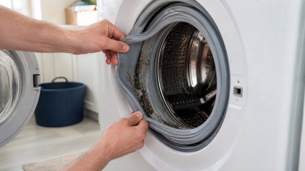 Two hands turning out the rubber door boot seal of a front-load washing machine, showing the fold inside with grit and dark residue in it, bright laundry room.