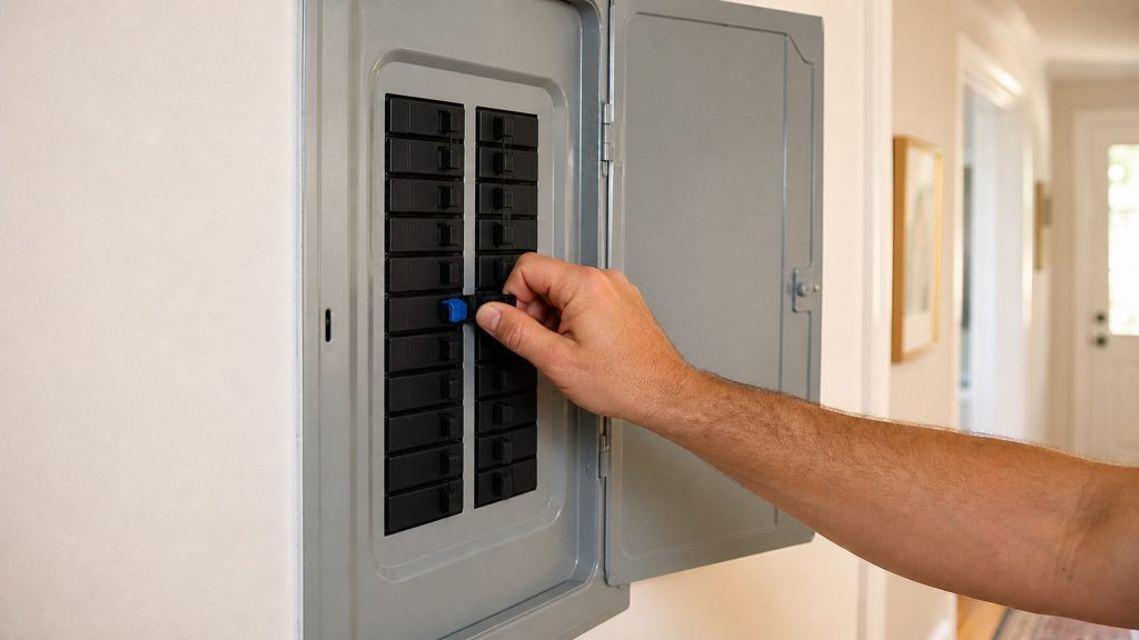 A hand reaching to a single breaker in an open household electrical panel on a pale wall, the other breakers plain and unlabeled, daylight from a hallway.
