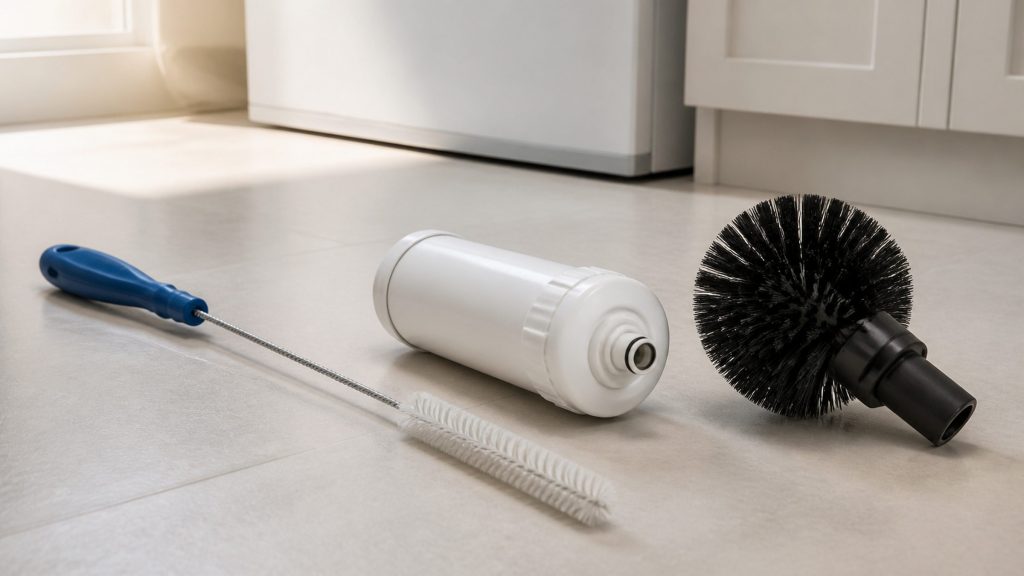 A coil brush, a new water filter cartridge and a vent brush head lying together on a pale laundry room floor in daylight, all plain and unmarked.
