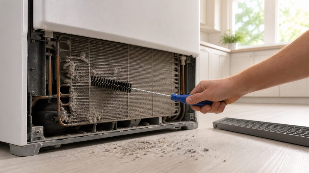 A coil brush being drawn between the fins of a dusty condenser coil behind a removed refrigerator base grille, grey dust visible on the floor, daylight from a kitchen window.