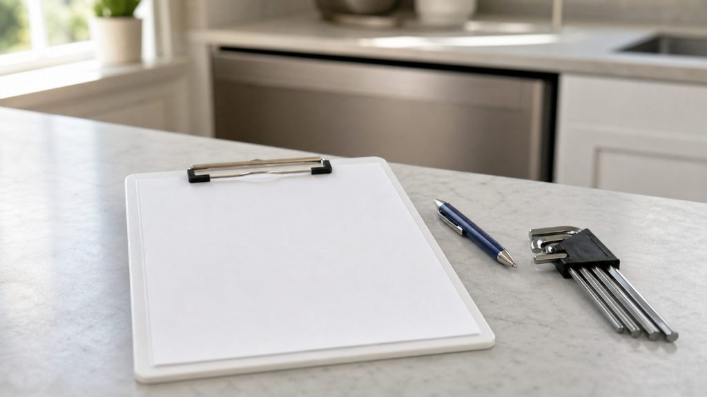 A pale marble kitchen counter with a blank clipboard, a pen and a set of hex keys laid out, a dishwasher out of focus behind.