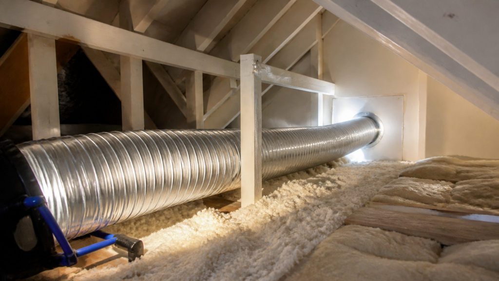 A flexible metal dryer duct running horizontally through a pale attic space toward an outside wall, insulation either side, work light across it.