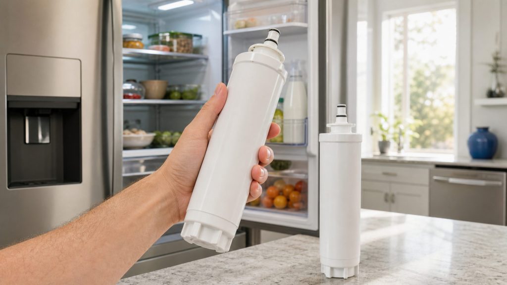 A hand holding a cylindrical refrigerator water filter cartridge in front of an open refrigerator, the cartridge plain and unmarked, a new one on the counter beside.