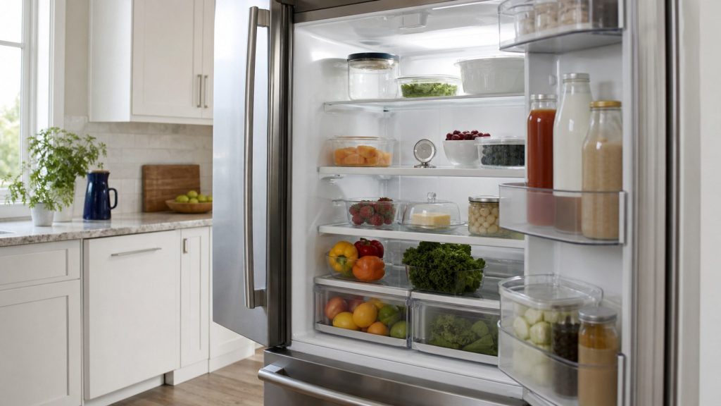 A stainless refrigerator standing open in a bright white kitchen with the interior light on and the shelves holding groceries, everything looking completely normal, a household thermometer on the middle shelf.