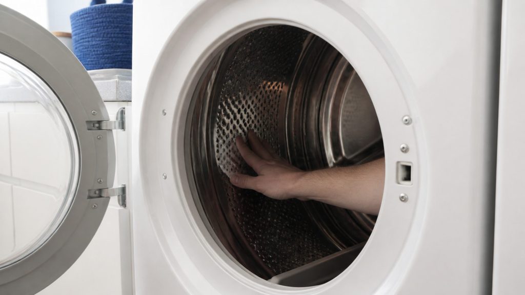 A hand reaching into an open front-load dryer drum and turning it, the machine off, the laundry room bright and quiet around it.