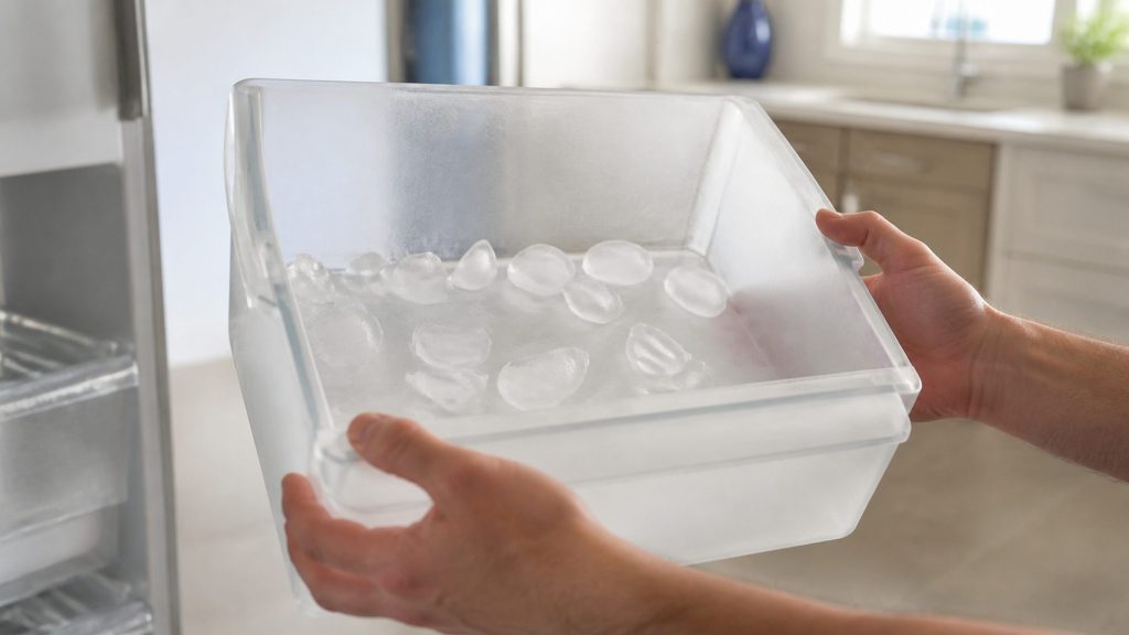 A freezer ice bin pulled out and held in two hands, holding a shallow scatter of crescent ice cubes rather than a full load, cold light.