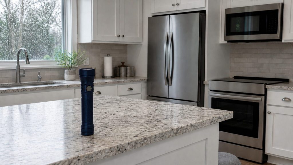 A bright American kitchen in grey storm daylight, rain on the window behind, the appliances quiet and closed, a flashlight standing on the counter.