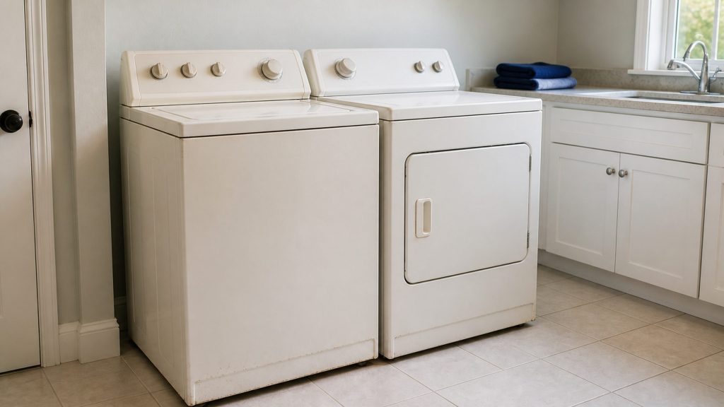 A white washing machine and dryer standing side by side in a bright American laundry room, both plainly older than the room, pale tile floor, daylight.