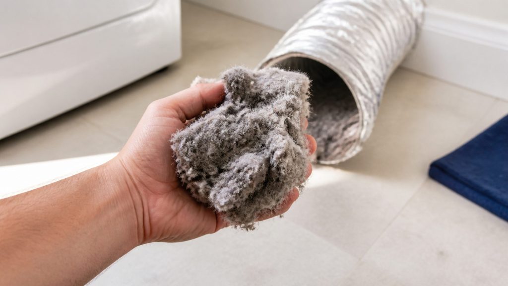 A handful of thick grey dryer lint pulled from a duct, held over a pale laundry room floor, the disconnected duct visible behind.
