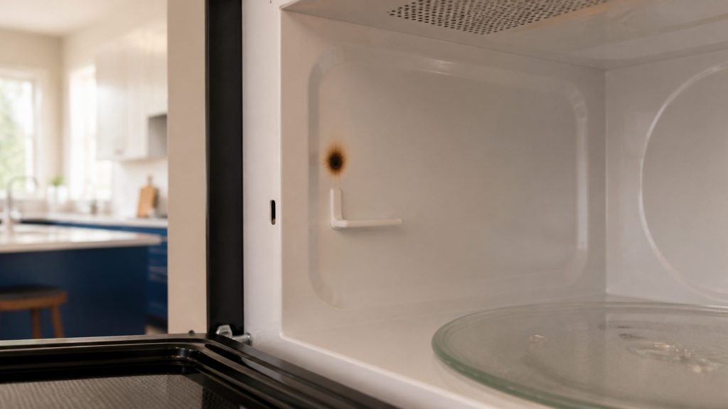 The interior of a microwave with a small dark scorch mark on the cavity wall beside the rack support, the door open, the kitchen bright behind.