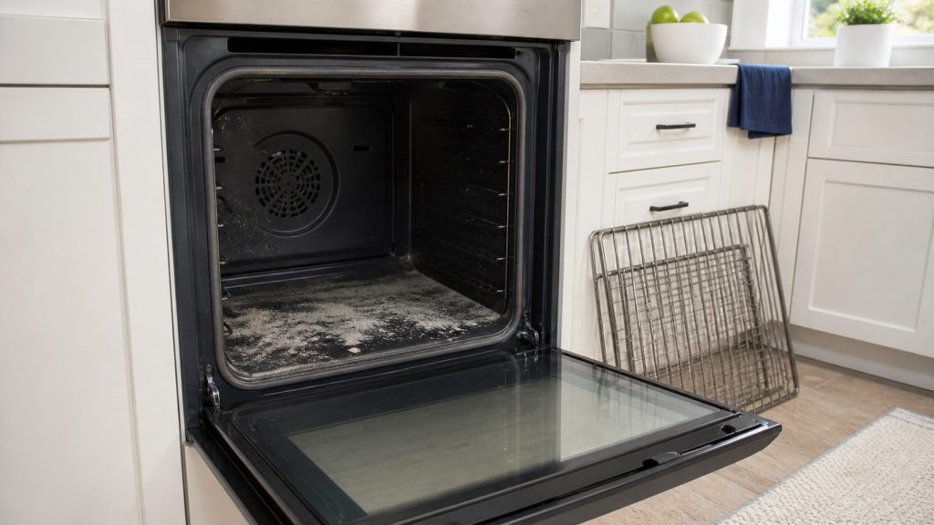 The inside of an empty wall oven after a self-clean cycle, pale ash residue on the floor of the cavity, the door open and the racks out and leaning nearby.