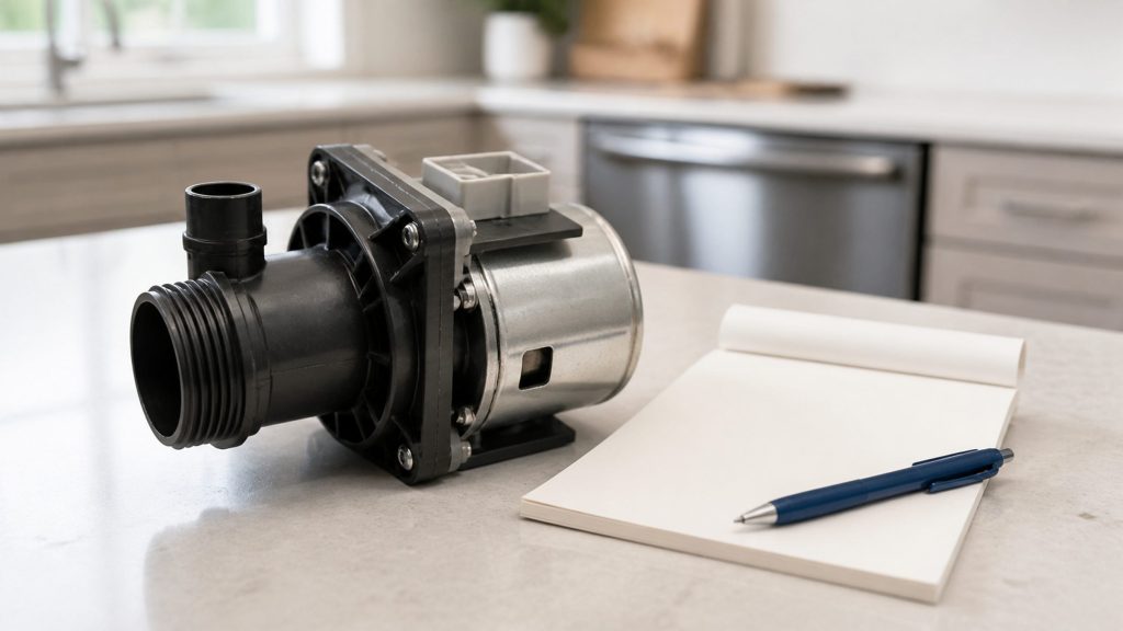 A replacement appliance part and a blank notepad with a pen lying together on a pale kitchen counter, daylight, the kitchen soft behind.