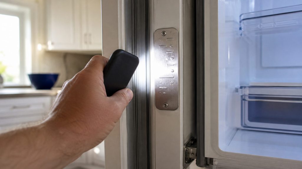 A hand holding a phone light onto a metal rating plate inside a refrigerator door opening, the plate visibly stamped but with no readable characters, shallow depth of field.