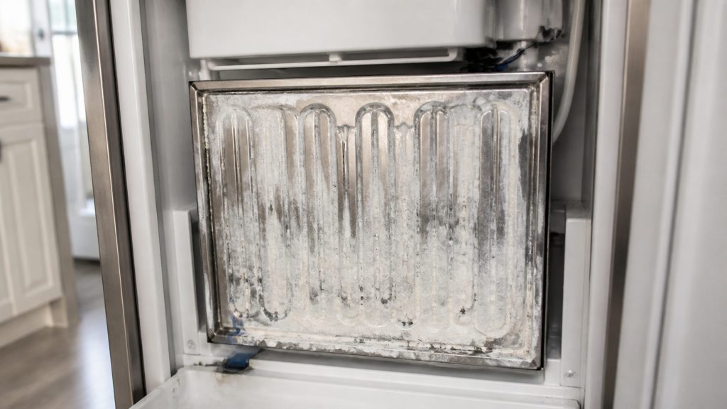 A close view of white mineral scale crusted on the metal evaporator plate inside an ice machine, the panel open, cold light.