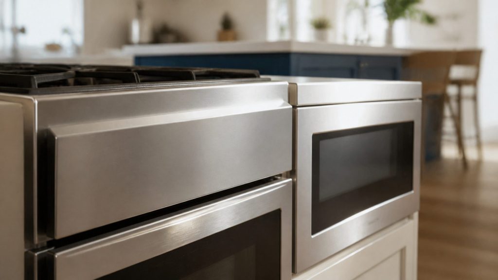 A close view across two appliance control fascias in one bright kitchen — a range fascia and a microwave fascia — both completely plain and unmarked, daylight raking across the metal.