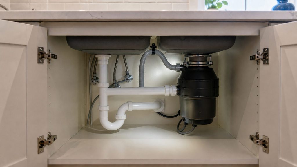 The cabinet under a kitchen sink with the doors open, a corrugated dishwasher drain hose running up in a high loop to a disposer, plumbing plain and domestic, a flashlight beam across it.