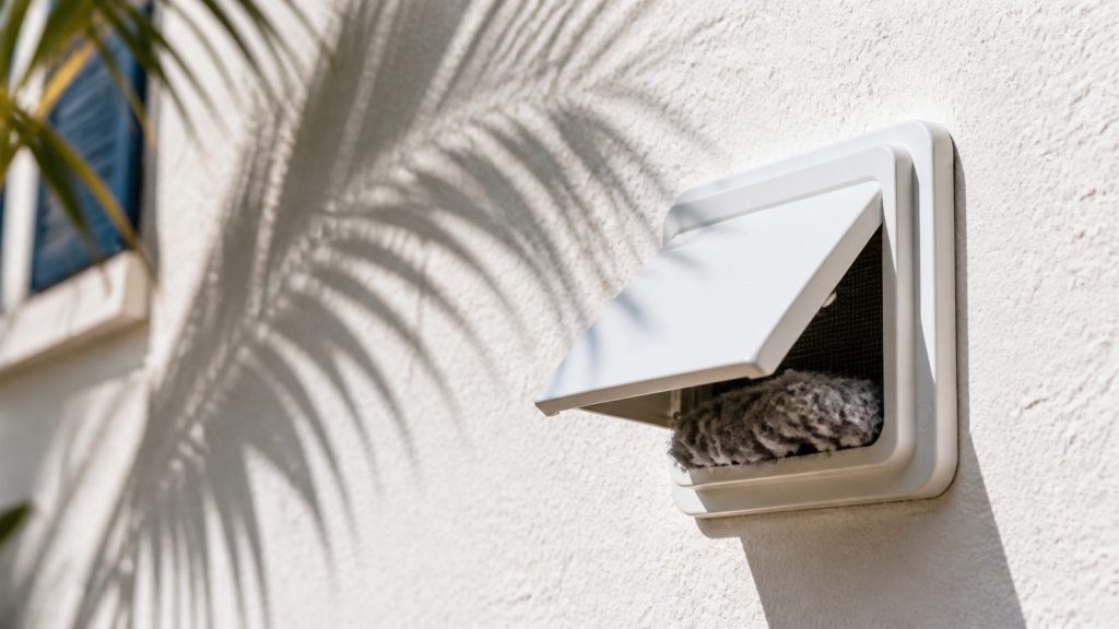 The exterior vent hood on a pale stucco wall of a Florida house, its flap propped open by a wad of grey lint, sunlight and a shadow of a palm across the wall.