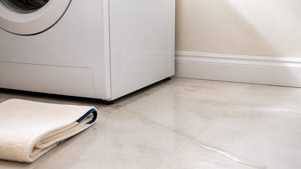 A thin line of water running from beneath a white washing machine across pale tile toward a baseboard, a towel folded nearby, bright laundry room daylight.