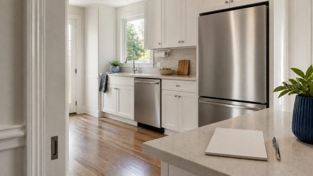 A bright American kitchen in daylight photographed from the doorway, white cabinetry, pale stone counters, a stainless refrigerator and dishwasher visible, a notepad and a pen lying on the counter in the foreground with nothing written on them.