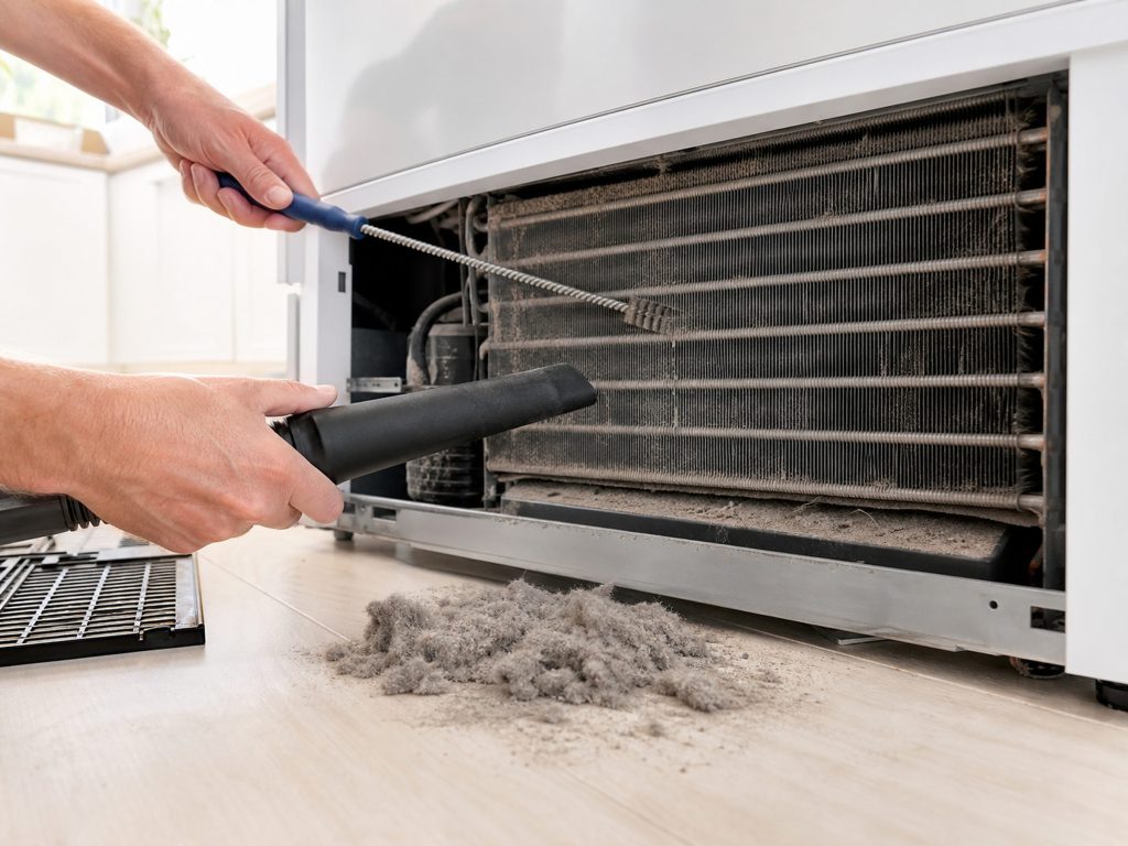 A vacuum nozzle and a coil brush at a dusty condenser coil behind a removed refrigerator base grille, a grey pile of dust on the floor.