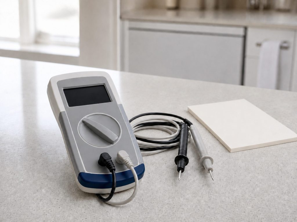 A multimeter resting on a pale kitchen counter with its probes coiled beside it and a small notepad, an appliance out of focus behind.