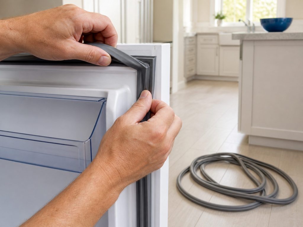 Two hands fitting a new rubber gasket into the channel around a refrigerator door, the old gasket coiled on the floor beside.
