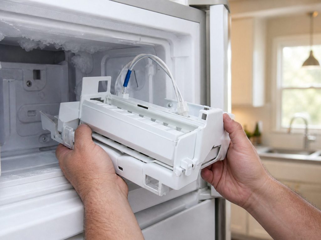 Two hands lifting an icemaker module out of a freezer compartment, the plain plastic assembly and its wiring visible, cold light, kitchen soft behind.