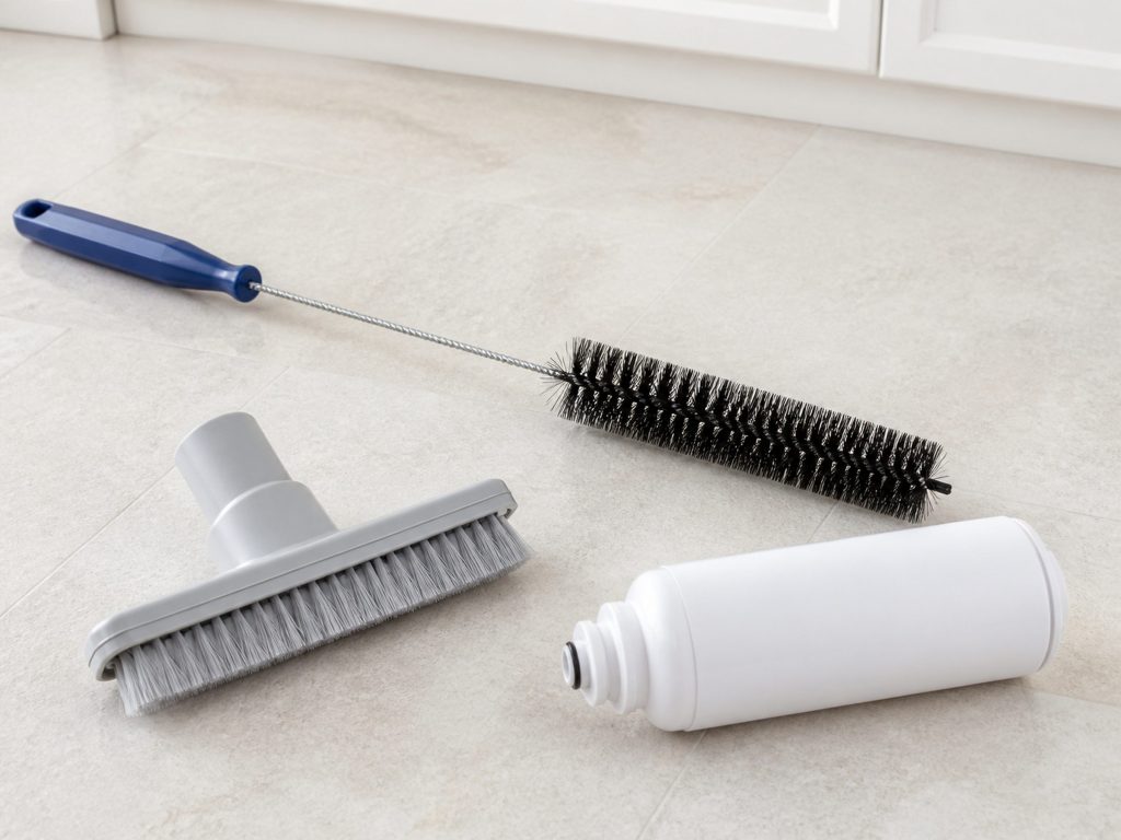 A coil brush, a vent brush head and a new water filter cartridge laid out together on a pale laundry room floor in daylight, all plain and unmarked.