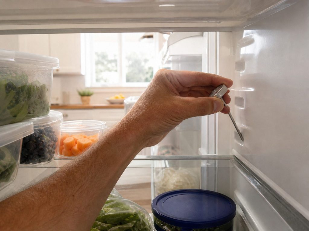 A hand holding a thermometer probe against the back wall inside a refrigerator compartment, groceries on the shelves, cold light and a bright kitchen behind.