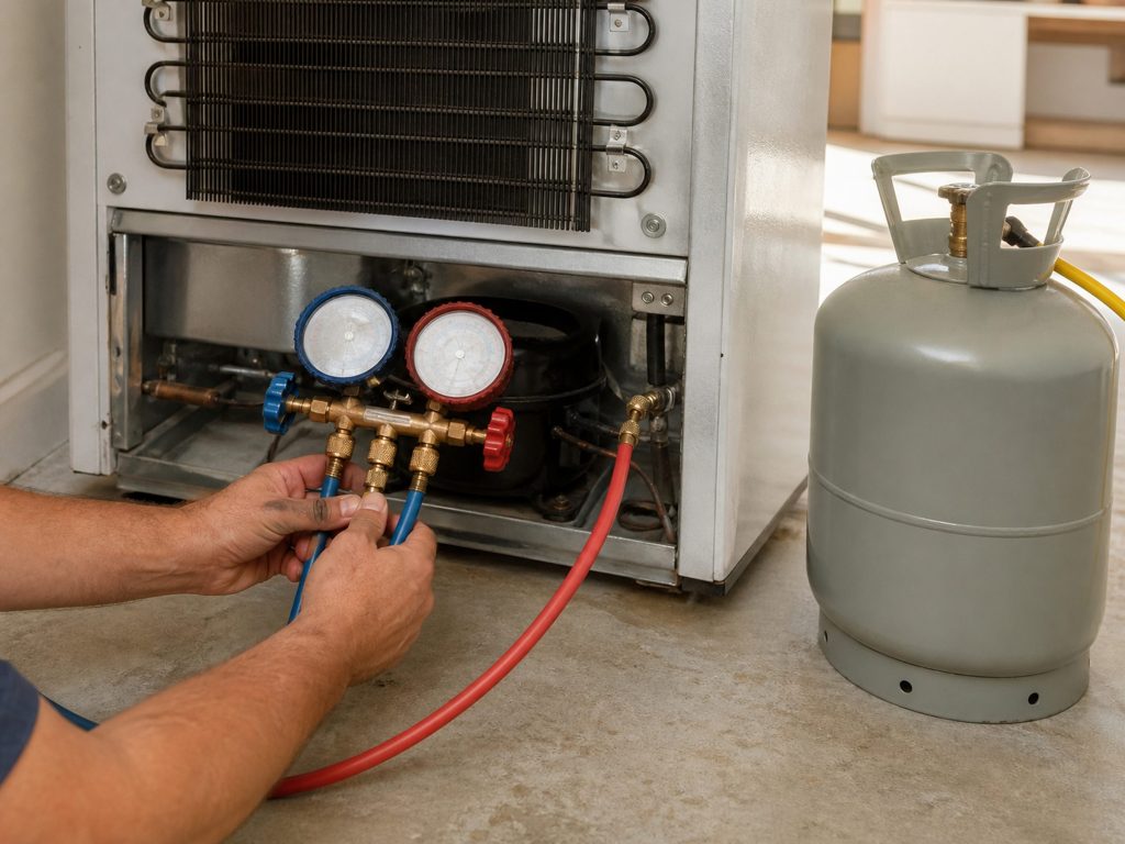 Refrigeration gauges with blue and red hoses connected to a service port at the back of a refrigerator, a recovery cylinder standing beside, a bright garage.
