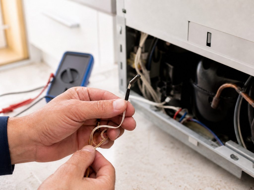 A small thermistor probe with its wire held between fingers in front of an open appliance panel, a multimeter on the counter behind, shallow depth of field.