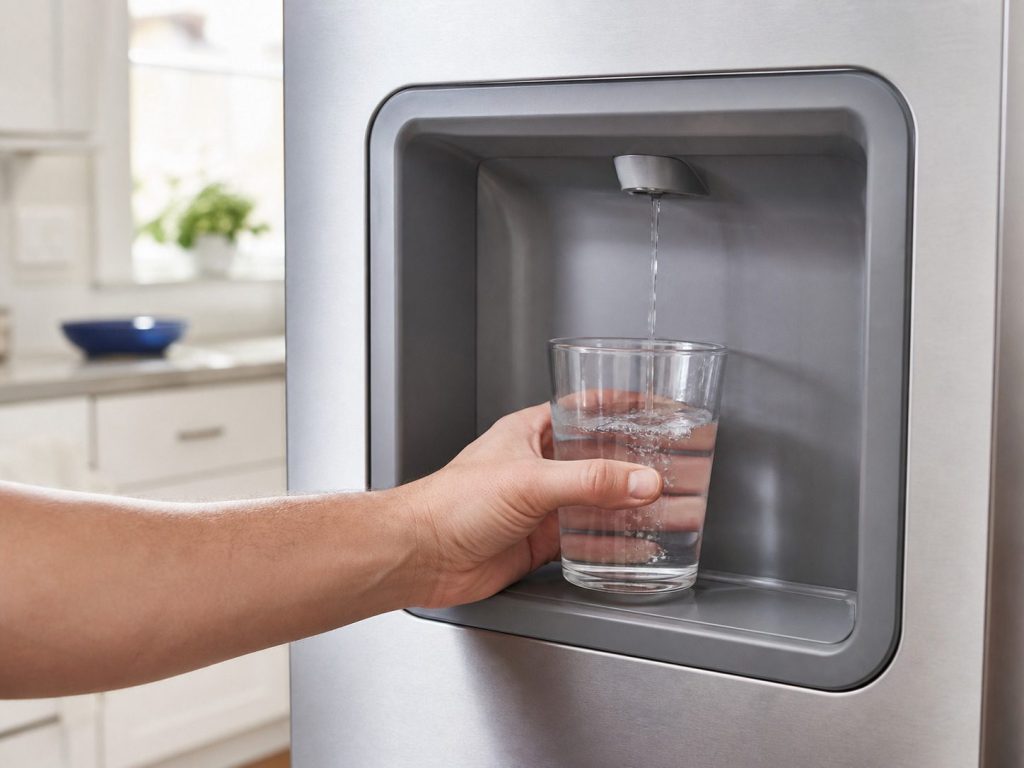 A close view of a refrigerator door dispenser recess with a hand holding a glass under it and only a dribble of water coming out.