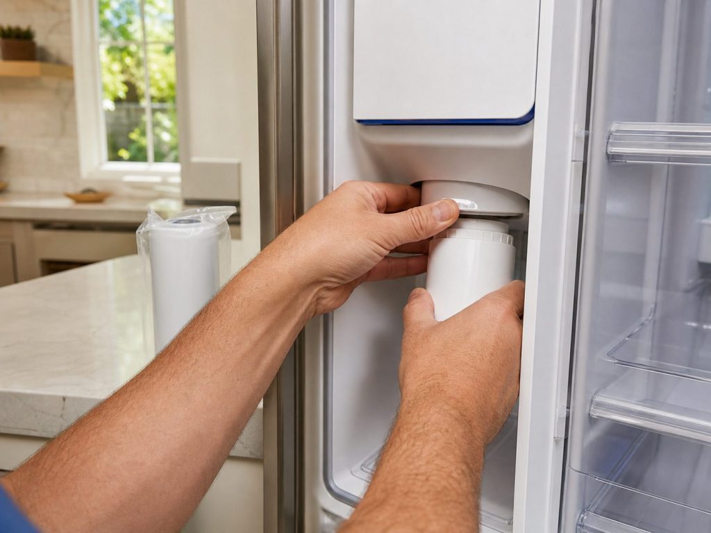 Hands turning a cylindrical water filter cartridge into its housing inside a refrigerator, a new cartridge in its plain wrapping on the counter beside.