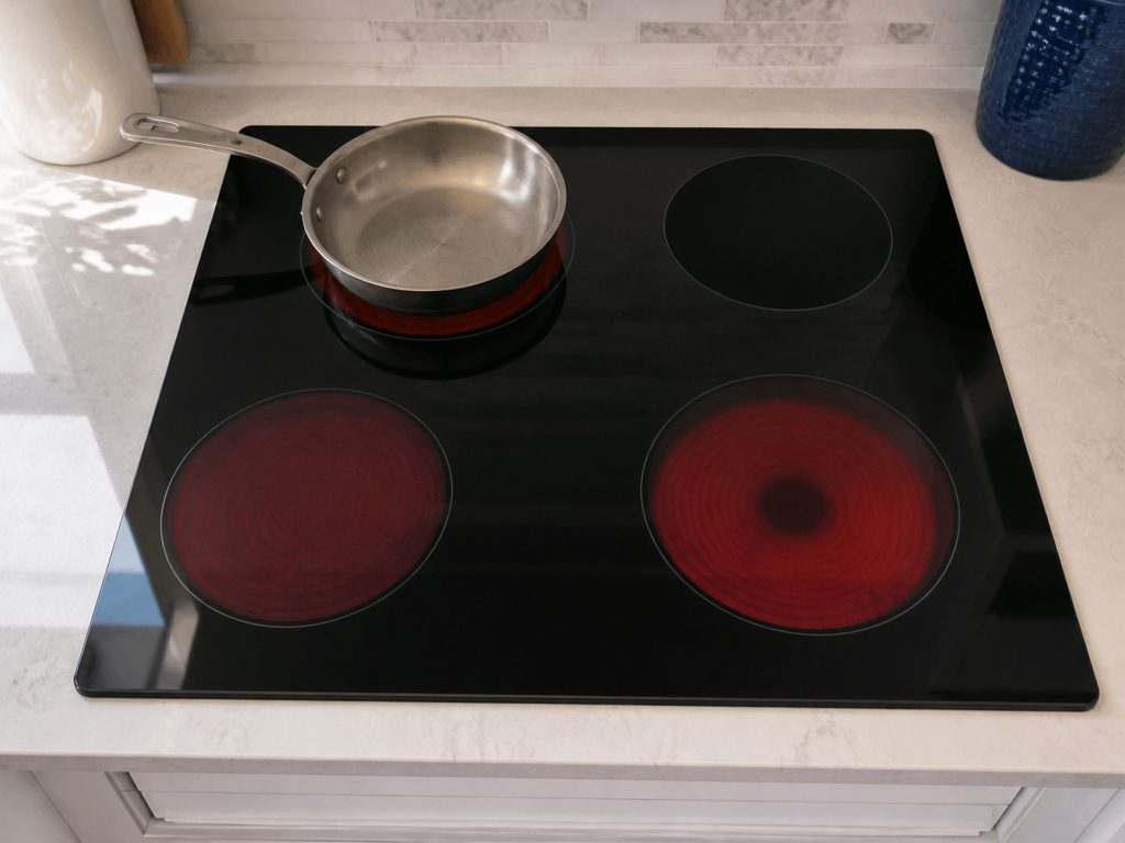 A black ceramic cooktop seen from above at a slight angle, three unmarked zones glowing faintly red and the fourth completely dark, a pan resting on one of the lit zones.