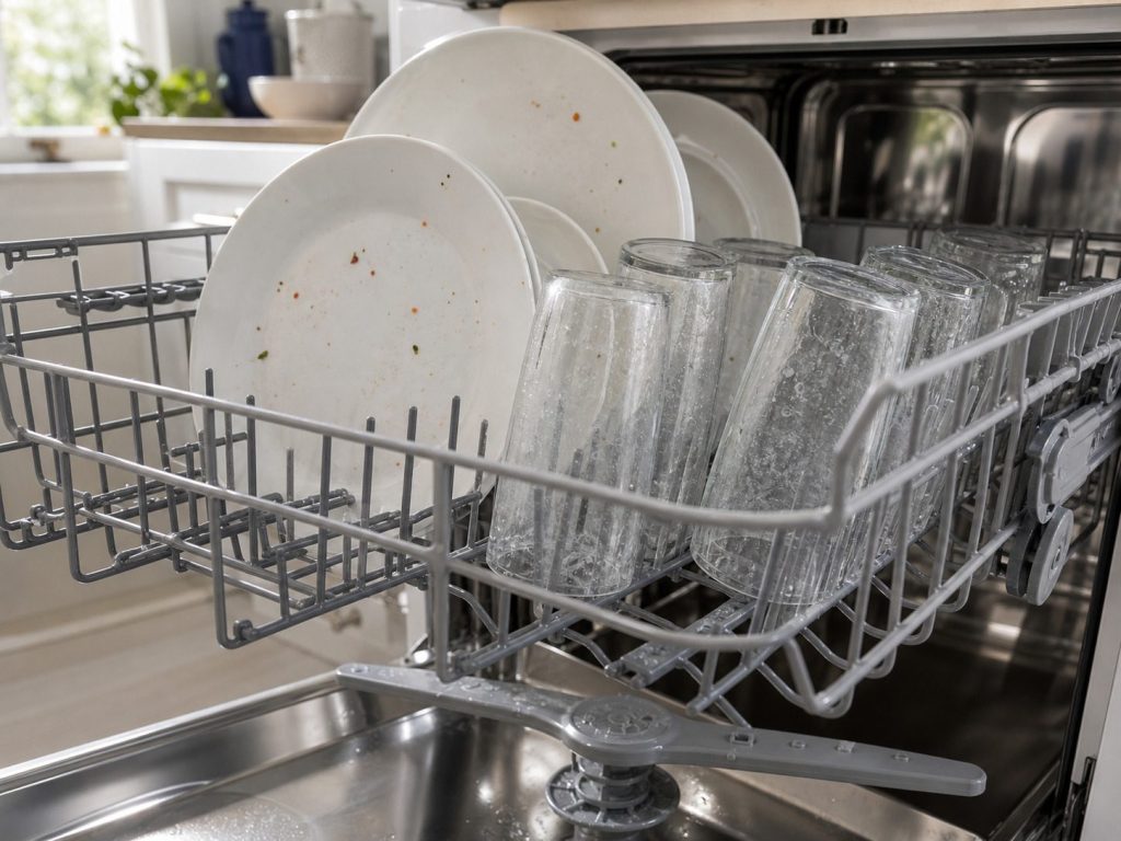 A close view of the upper rack of a dishwasher holding plain white plates and clear glasses that still carry a cloudy film and specks of food, the spray arm visible below.