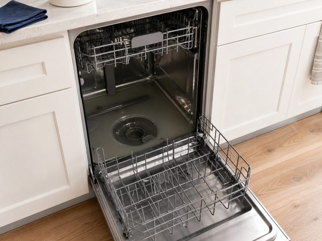 An open dishwasher door with the lower rack pulled out, a shallow layer of grey water standing in the bottom of the tub around the filter.