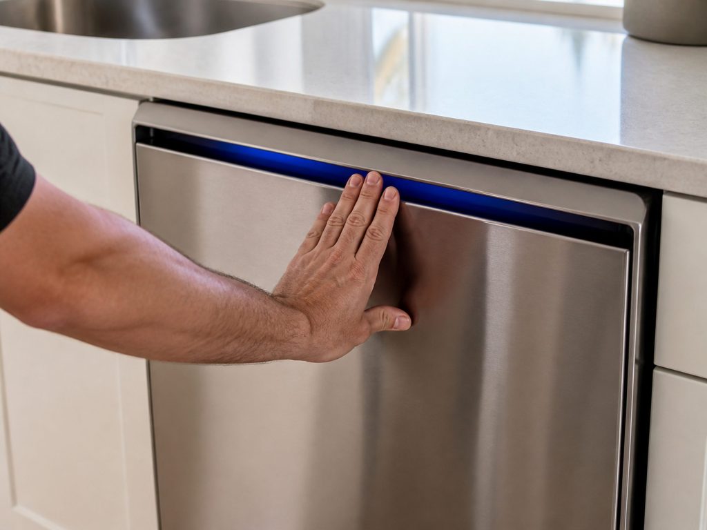 A hand pressing the closed door of a stainless dishwasher at the latch, the plain unmarked control strip along the top edge of the door lit but blank.