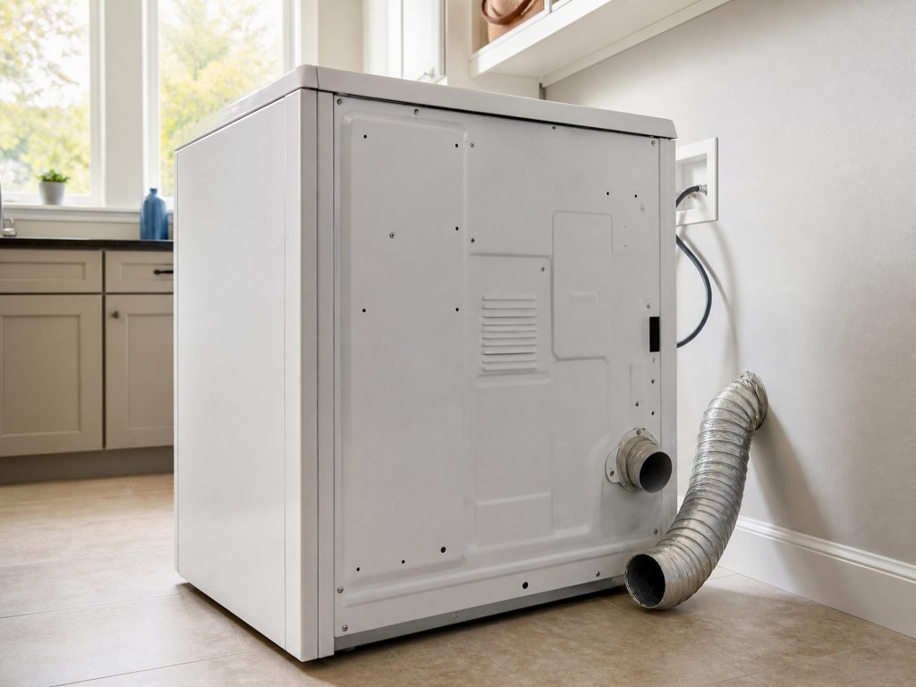 The back of a white clothes dryer pulled out from a laundry room wall, the flexible metal vent duct disconnected and hanging, the rear panel plain and unmarked.