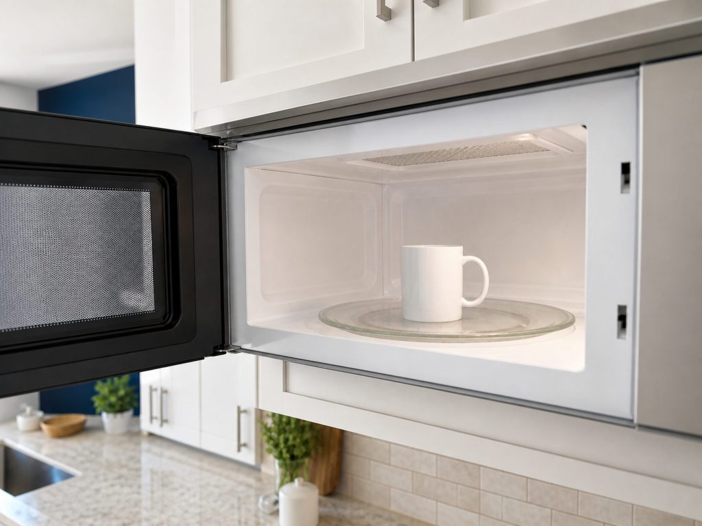 The open interior of an over-the-range microwave with a glass turntable and a plain white mug standing on it, the cavity walls clean and unmarked, the kitchen bright behind.