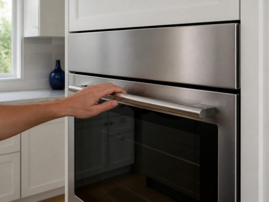 A closed stainless wall oven door in a bright kitchen with a hand resting on the handle, the plain unmarked fascia above it, the room calm and daylight.