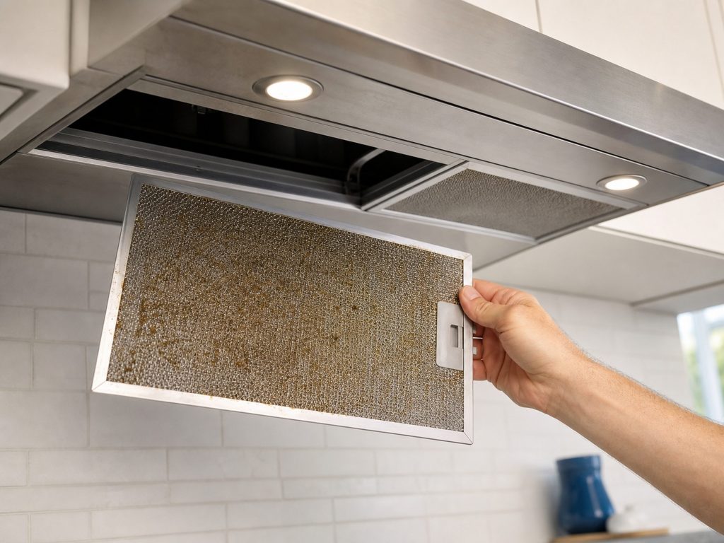 A stainless under-cabinet range hood seen from below with one mesh grease filter lifted out and held in a hand, the filter visibly clogged and dull with grease.